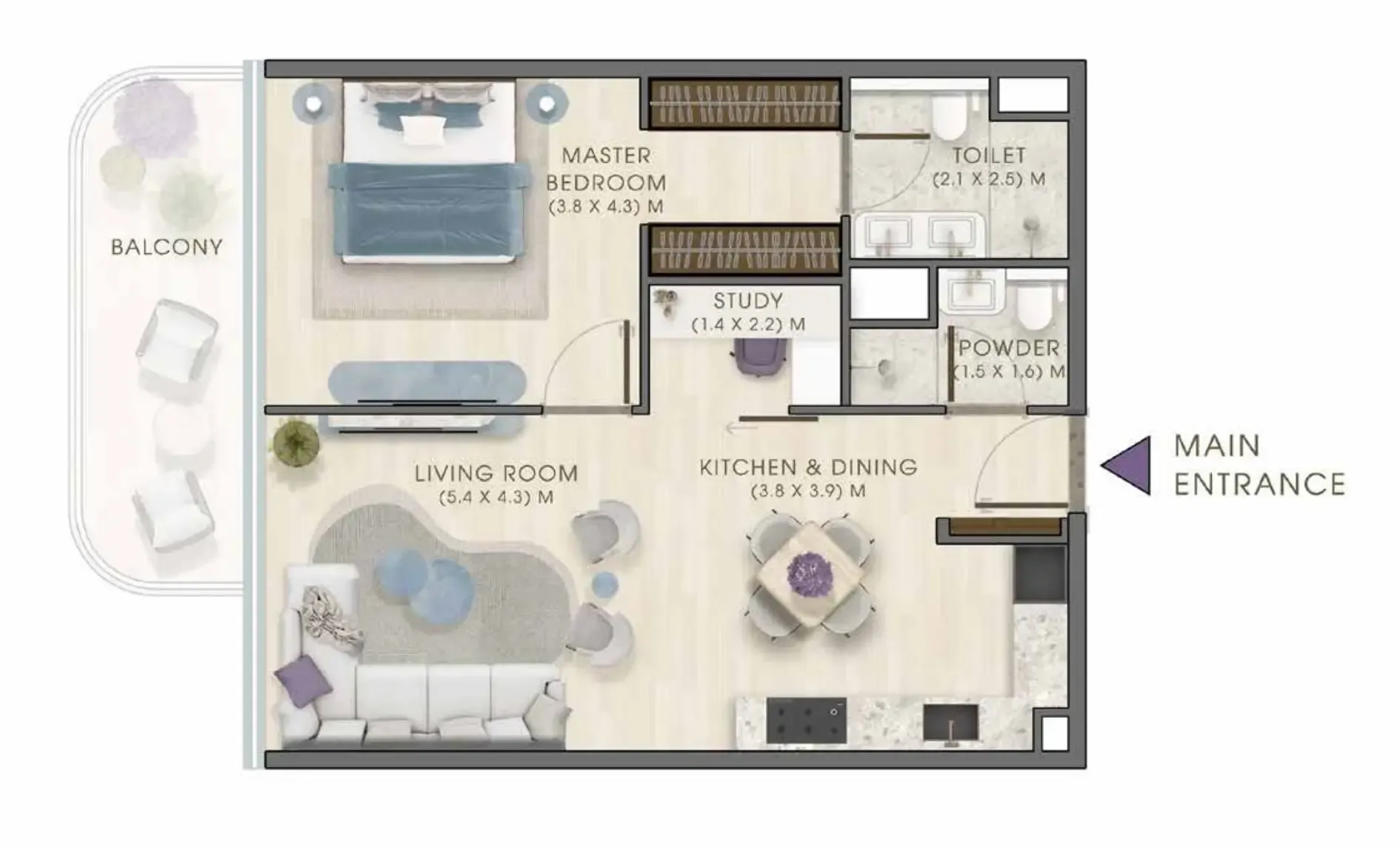 Kaia Residences 1 bed floor plan, 922 sqft