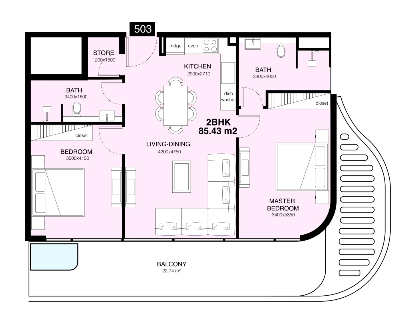 Villa Del Gavi 2 bed floor plan, 1,088 sqft