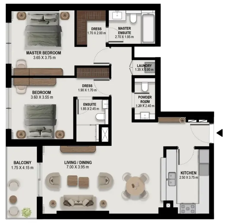 Boulevard Park at Wasl Gate 2 bed floor plan, 1,292 sqft