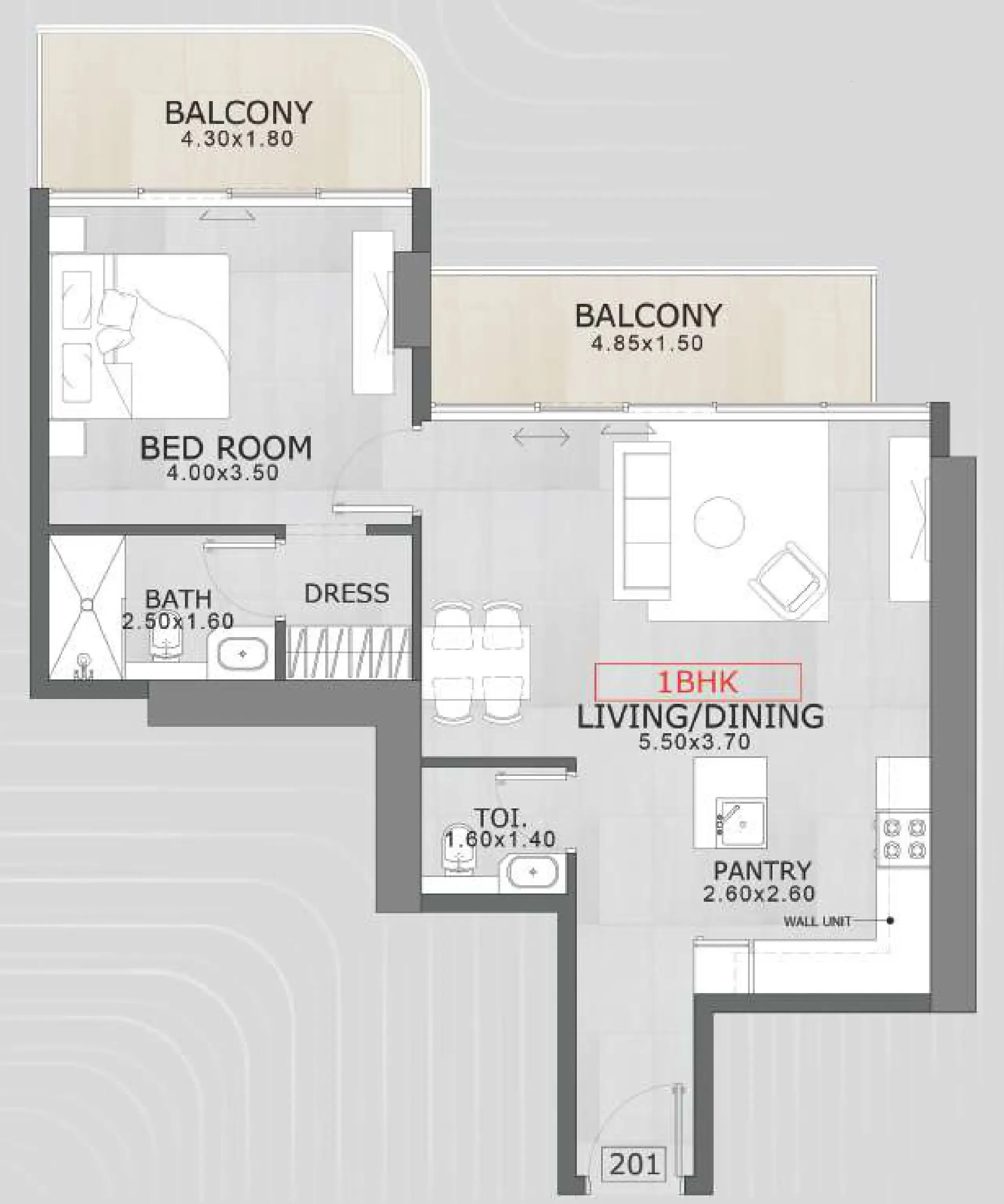 Floarea Skies 1 bed floor plan, 837 – 838 sqft