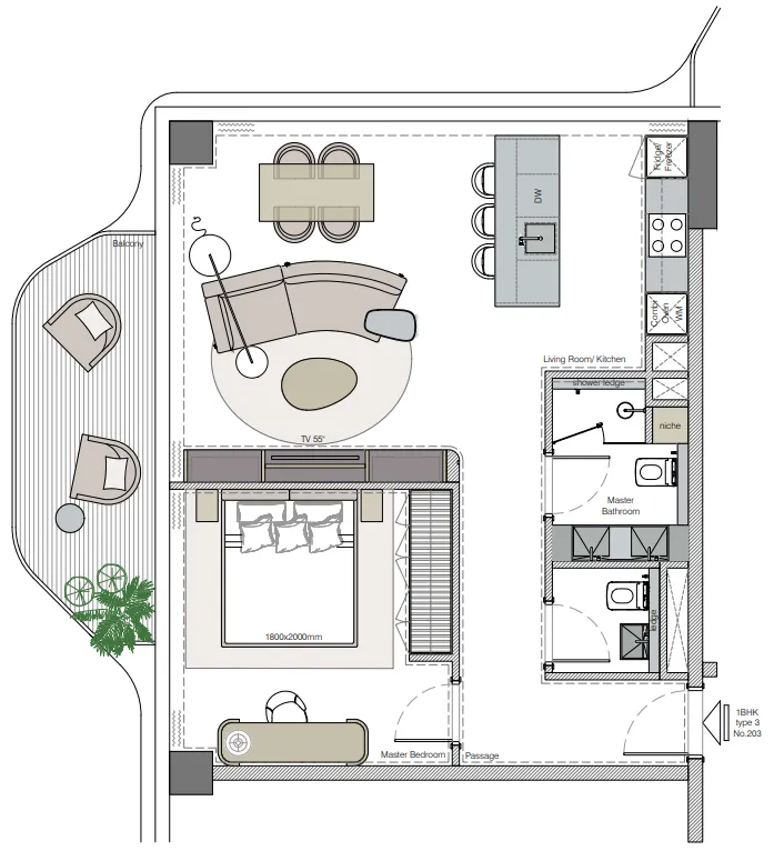 Helvetia Marine by DHG 1 bed floor plan, 848 sqft