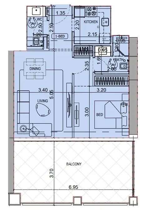 Binghatti Titania 1 bed floor plan, 842 sqft