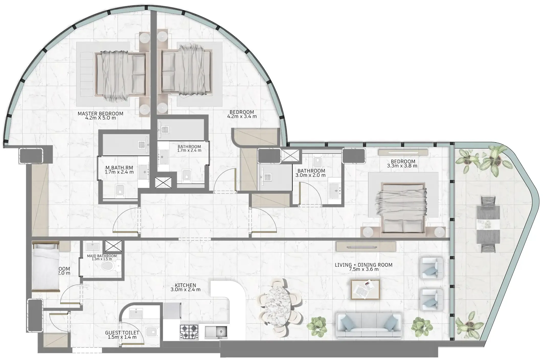 Al Habtoor Tower 3 bed floor plan, 1,915 sqft