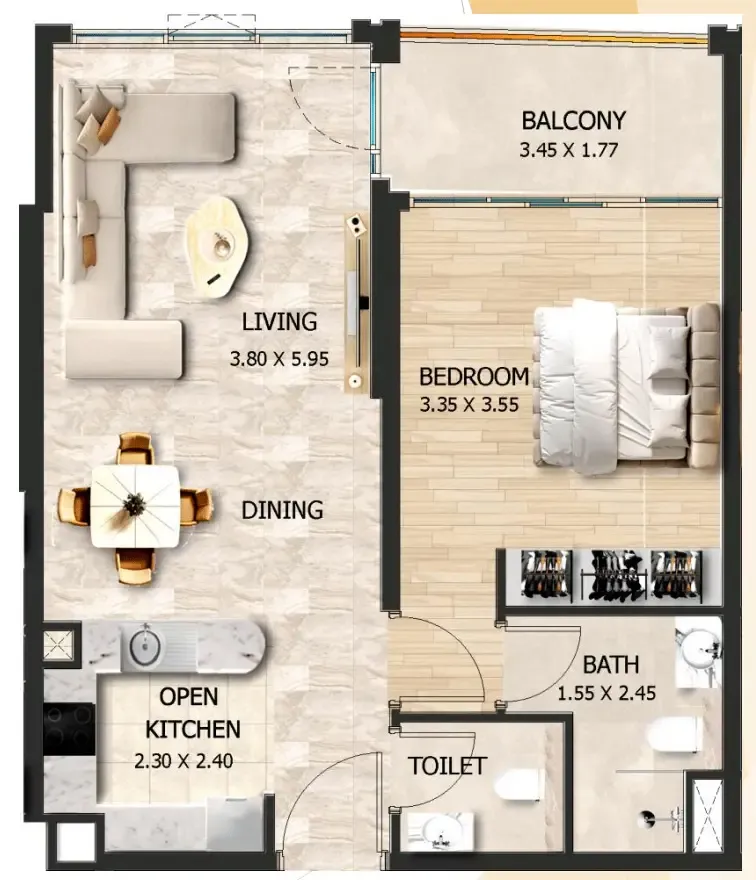Crystal Tower by VHS 1 bed floor plan, 659 sqft