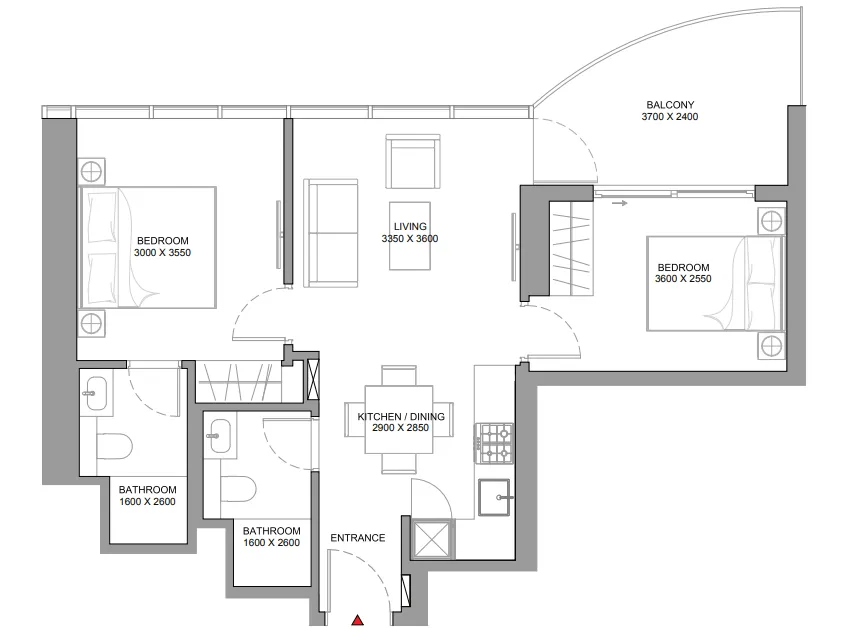 Sobha Aquamont 2 bed floor plan, 741 sqft