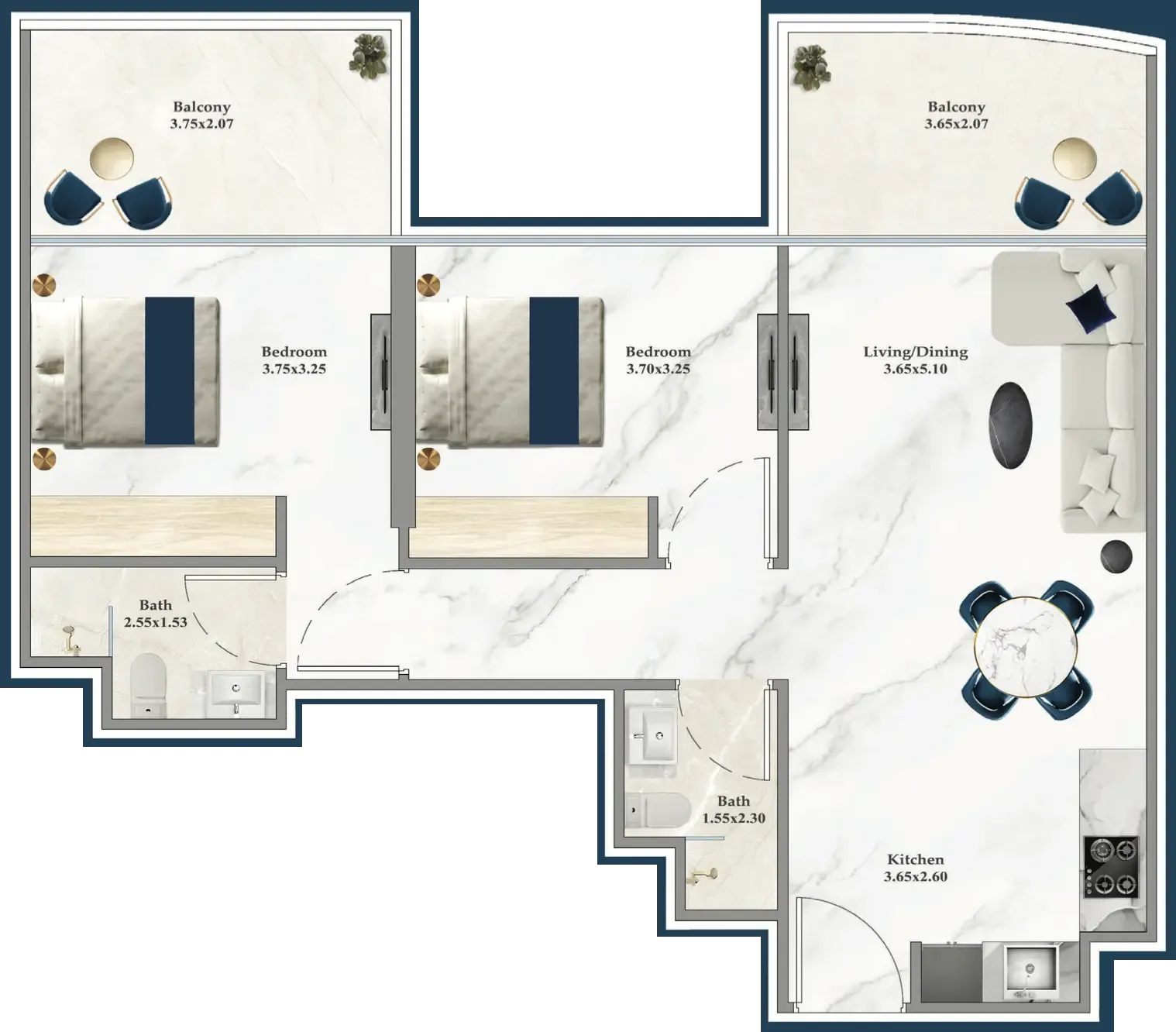 Serenz 2 bed floor plan, 855 sqft