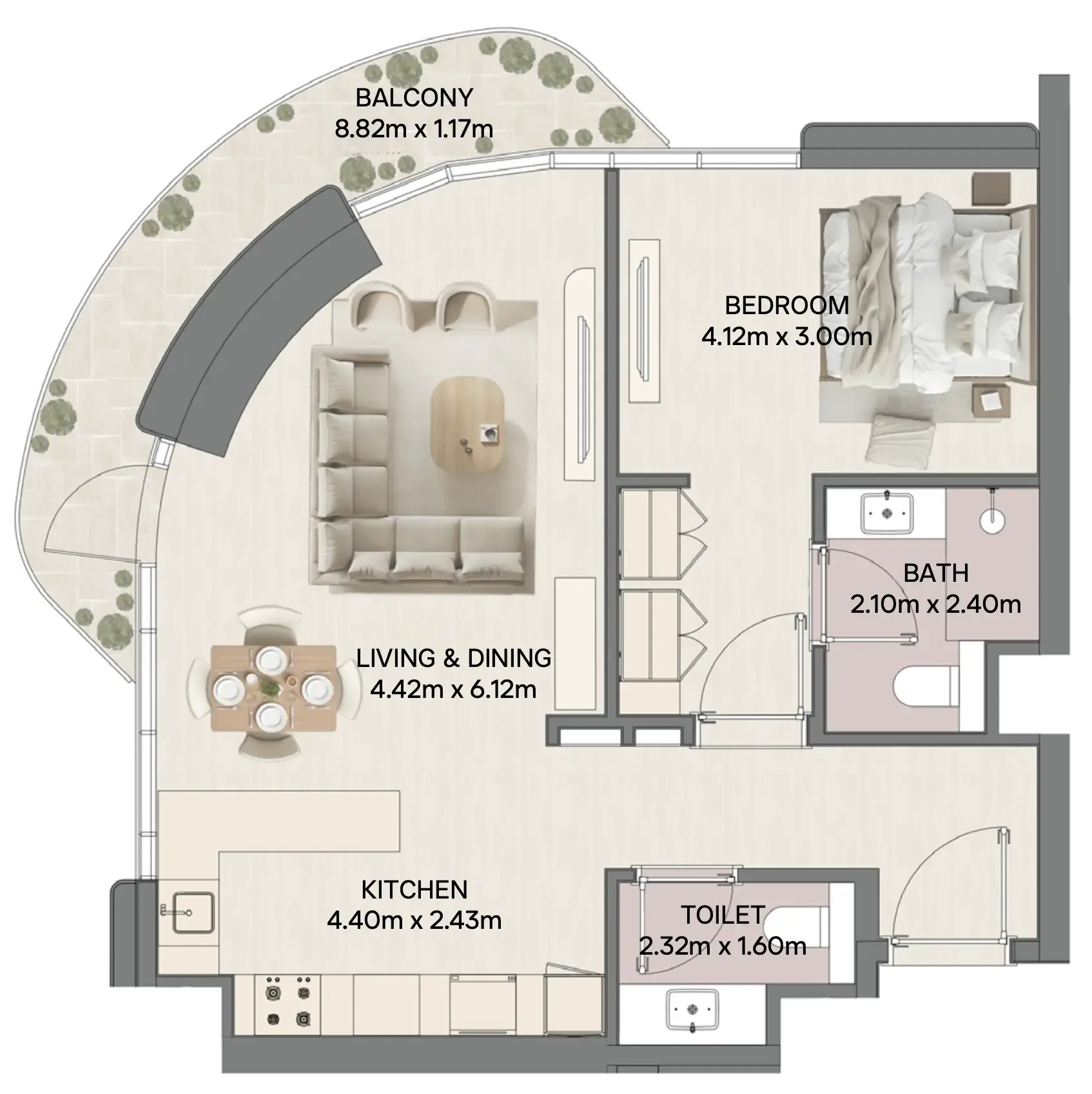 Mirasol II 1 bed floor plan, 882 – 890 sqft