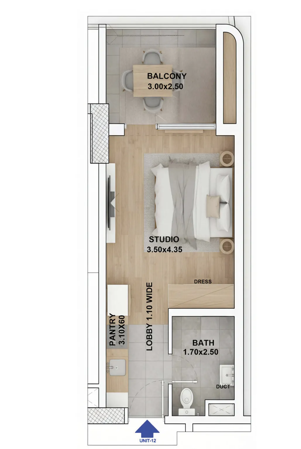 RR Grand Studio floor plan, 382 – 384 sqft