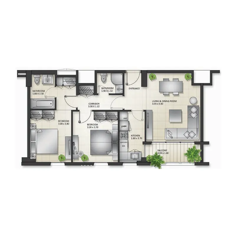 Al Mamsha Sharjah 2 bed floor plan, 1,175 sqft