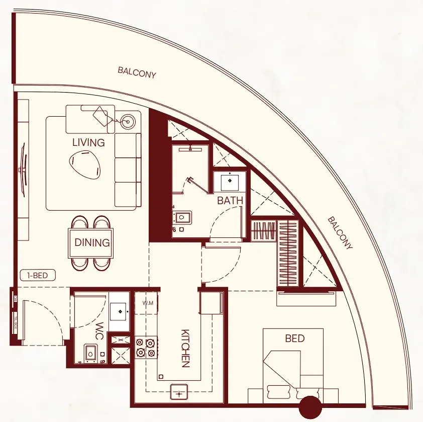 Binghatti Skyflame 1 bed floor plan, 842 sqft