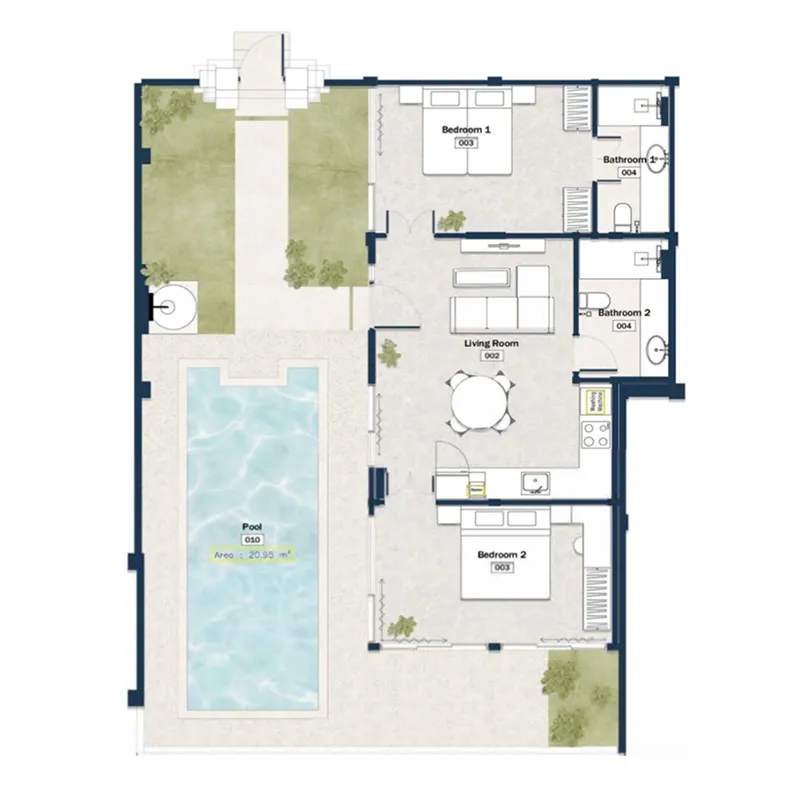 Silawana 2 bed floor plan, 734 – 887 sqft