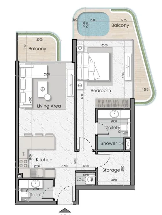 I'Sola Bella 1 bed floor plan, 877 sqft