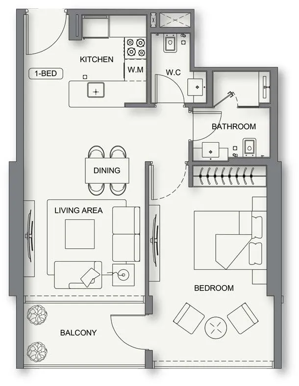 Binghatti Cullinan 1 bed floor plan, 689 – 691 sqft