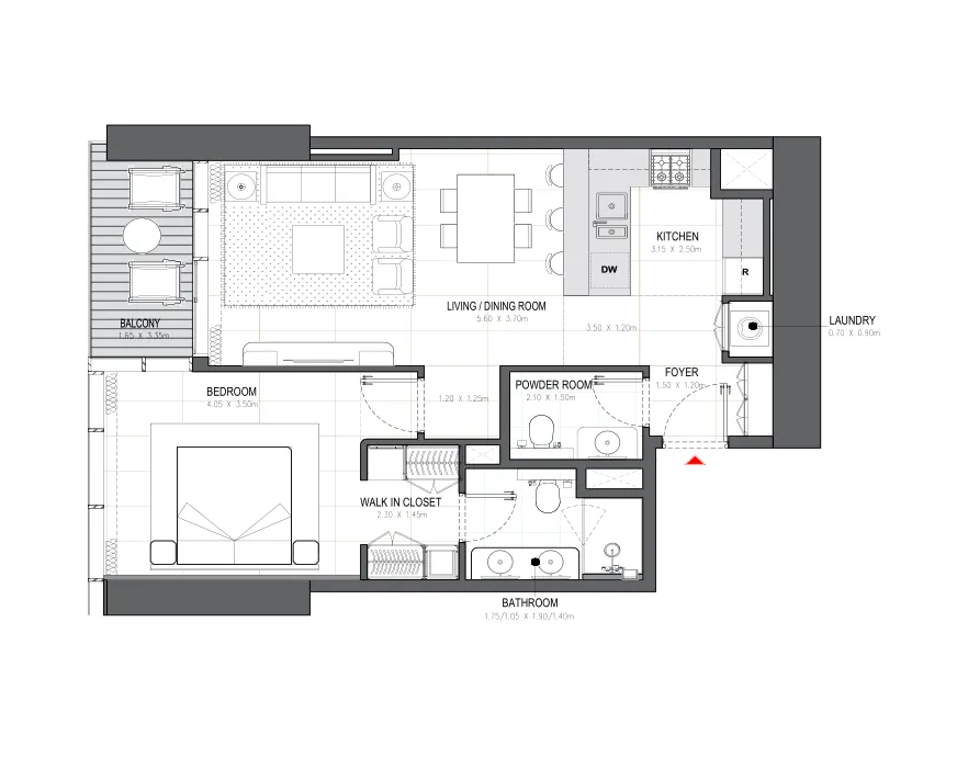 Linar 1 bed floor plan, 806 sqft