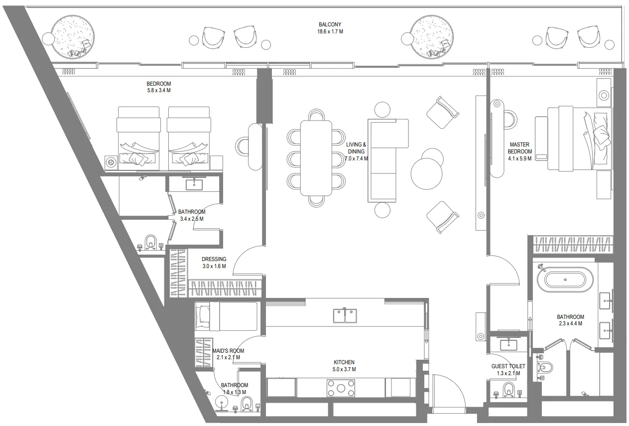 Anantara Sharjah Resort 2 bed floor plan, 2,258 sqft