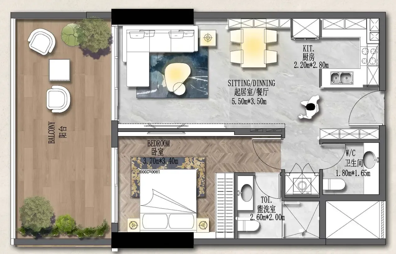 Forest City 2 1 bed floor plan, 890 sqft