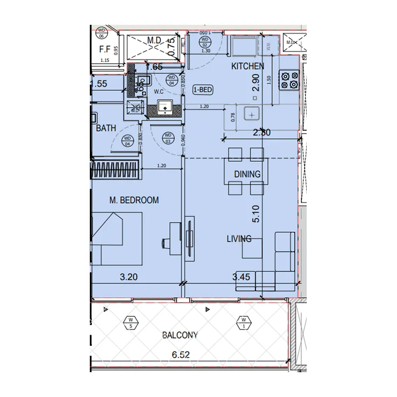 Binghatti Amberhall 1 bed floor plan, 723 sqft