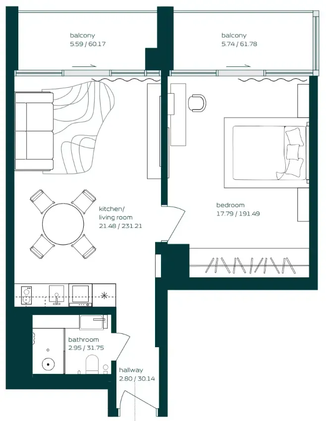 Vibe 1 bed floor plan, 685 sqft