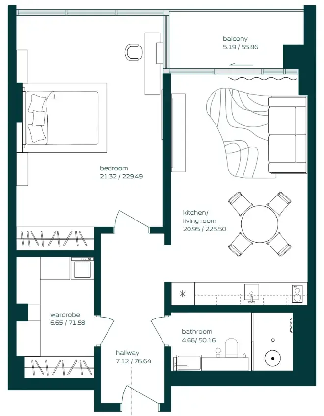 Vibe 1 bed floor plan, 802 sqft