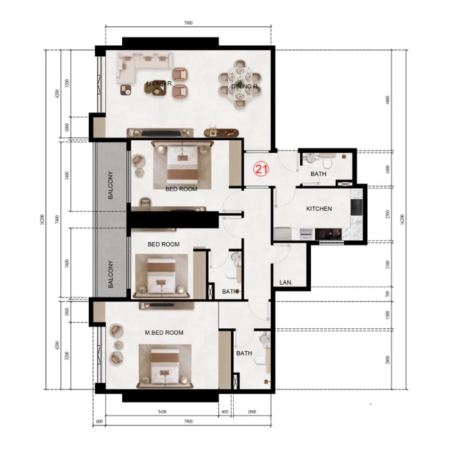 Lily Tower 3 bed floor plan, 1,711 – 1,725 sqft