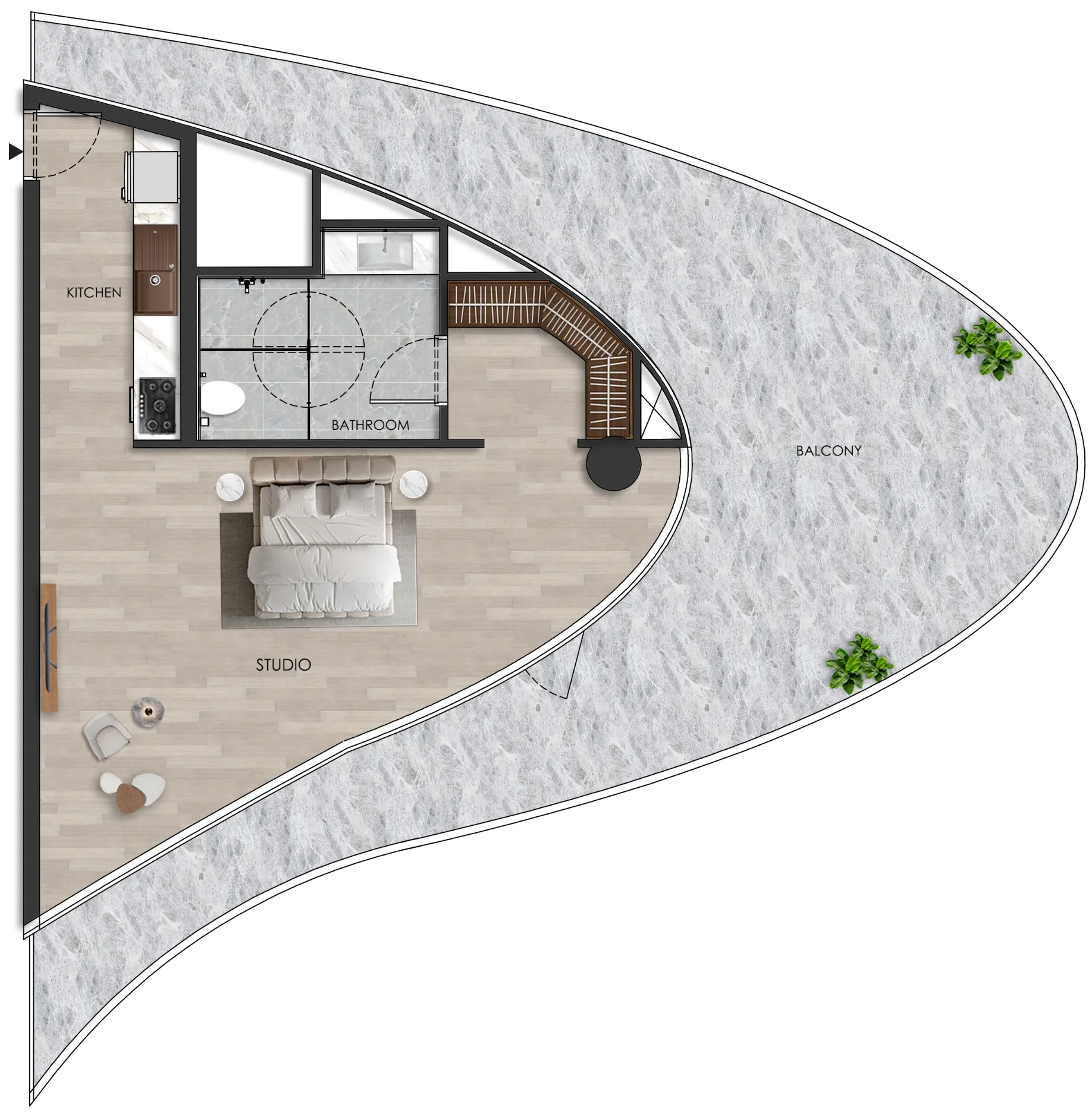 The Beach Residence Studio floor plan, 1,158 sqft