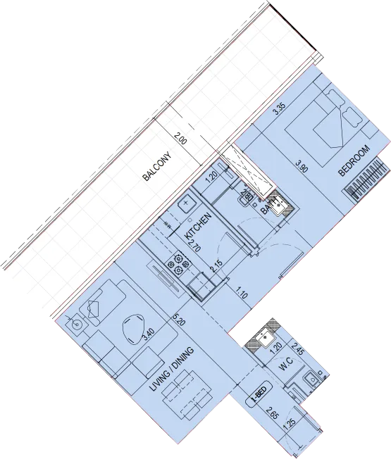 Binghatti Sky Terraces 1 bed floor plan, 884 sqft