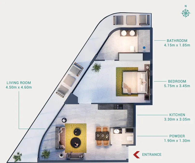 Milos 1 bed floor plan, 921 sqft