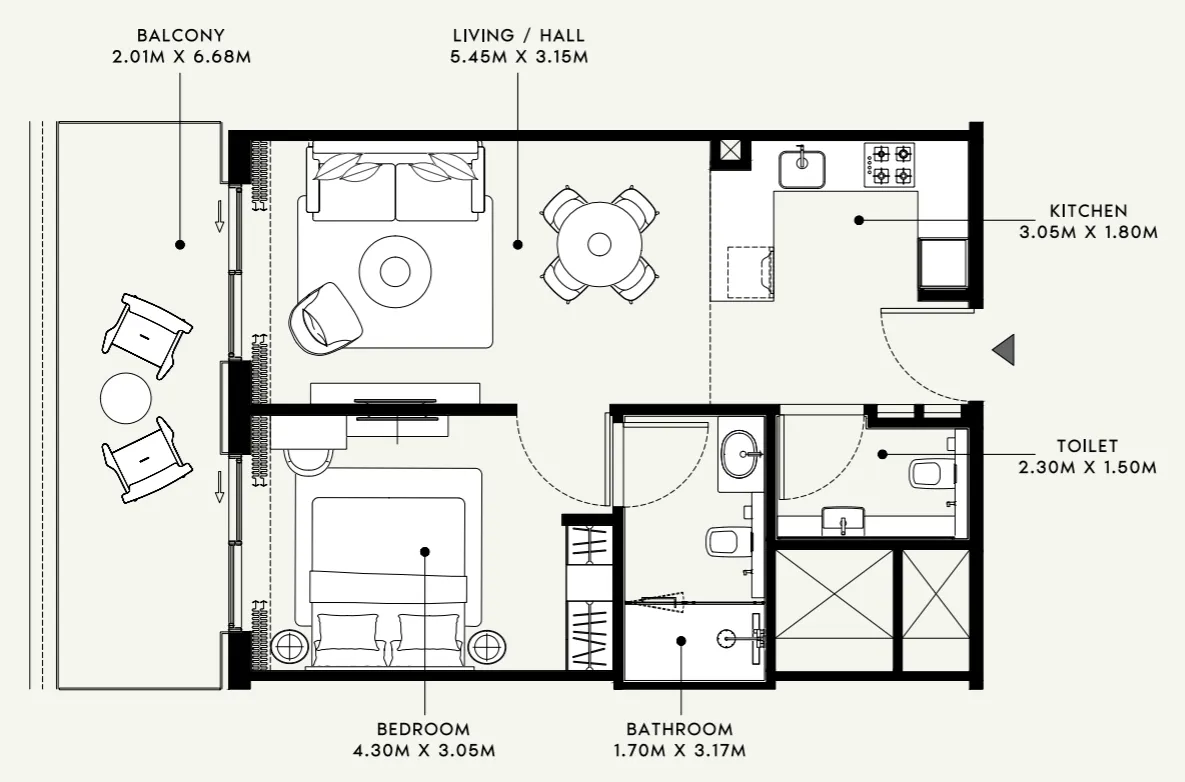 Azizi Venice 1 bed floor plan, 737 sqft