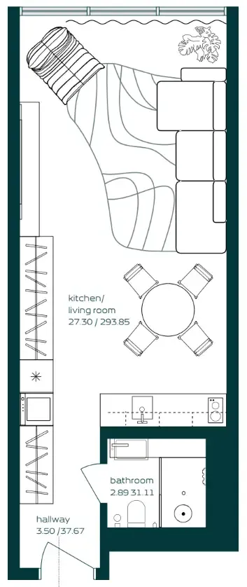 Vibe Studio floor plan, 410 sqft