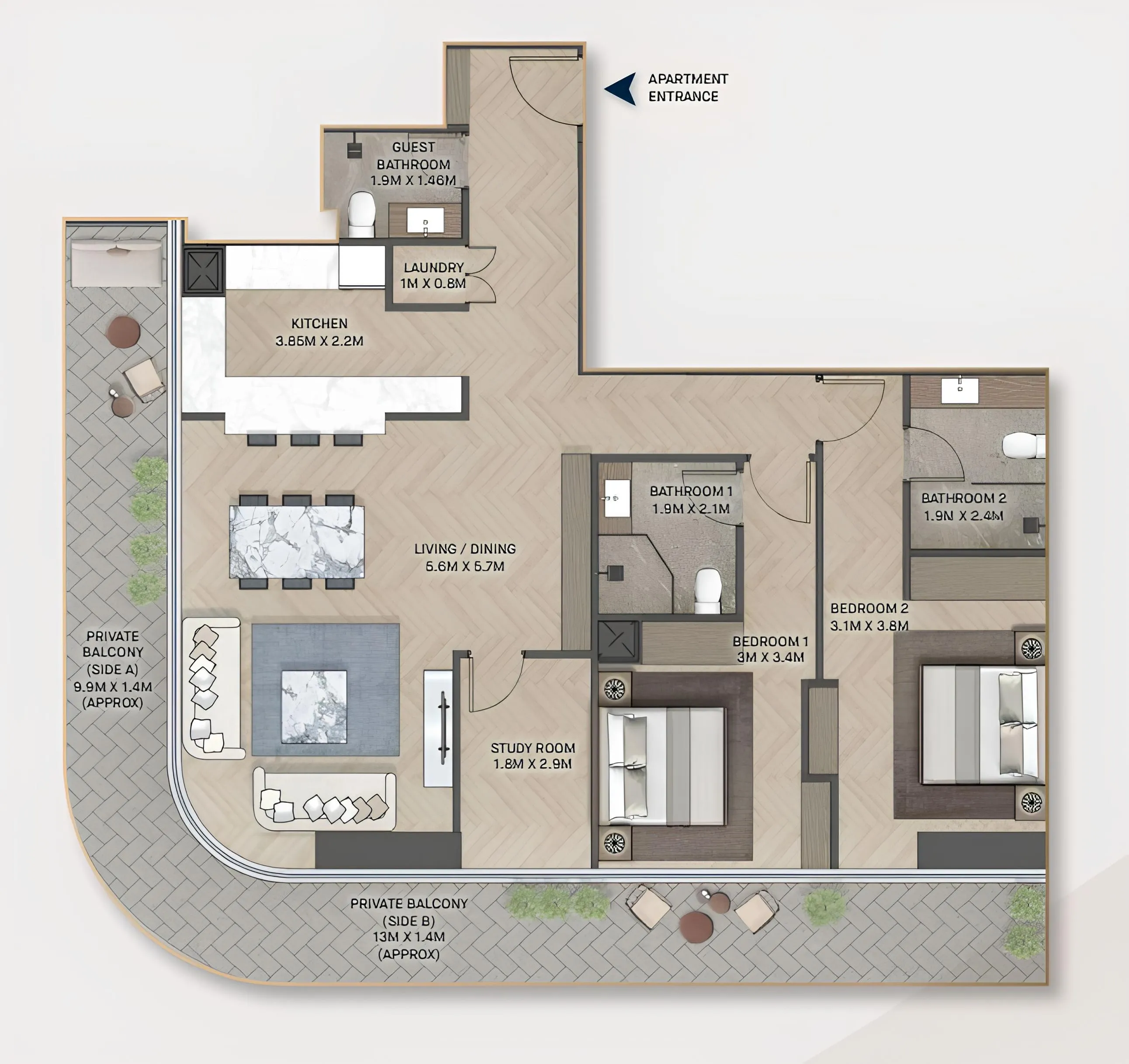 PG Maison 2 bed floor plan, 1,396 – 1,528 sqft