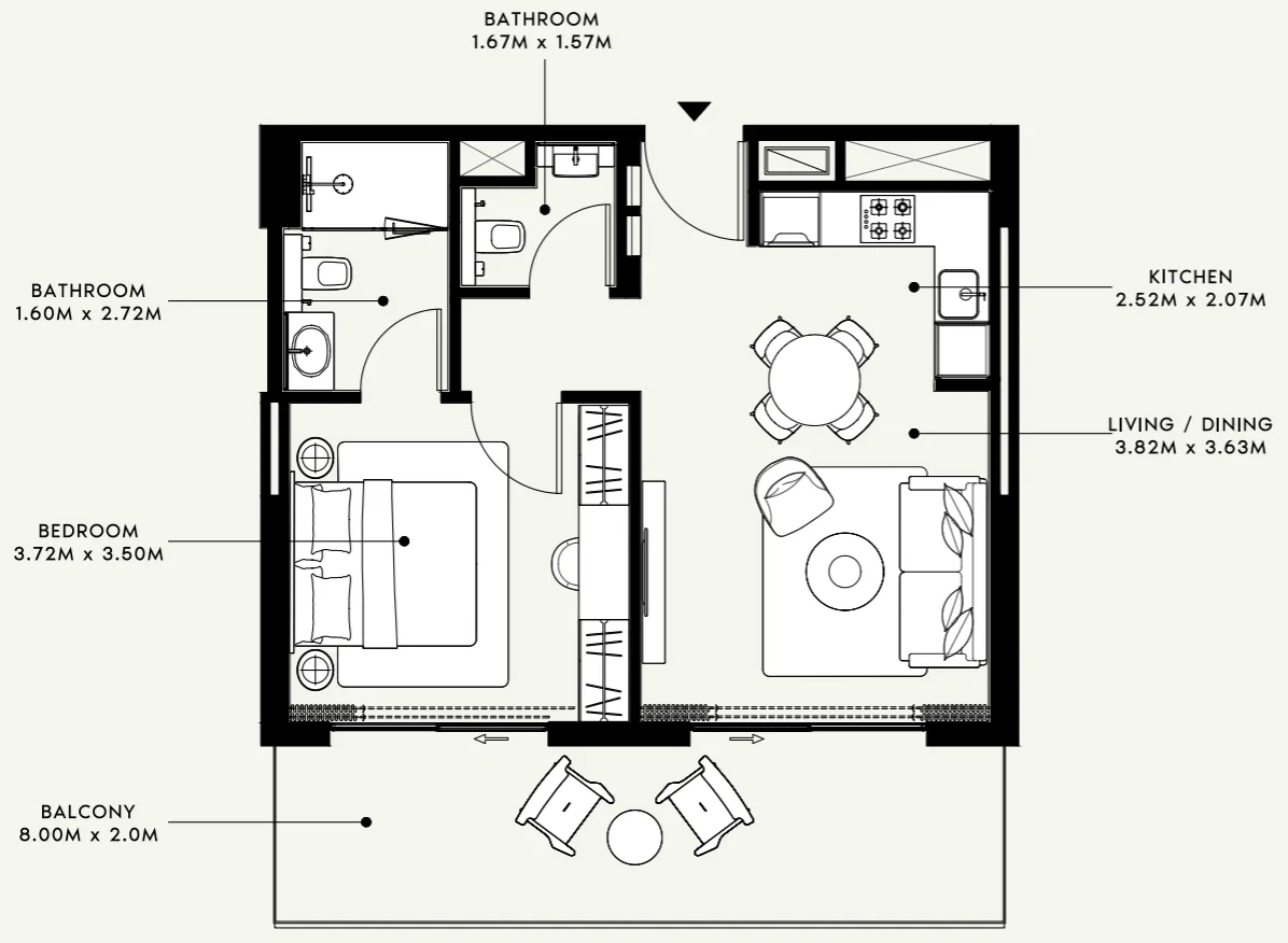 Azizi Venice 1 bed floor plan, 724 sqft