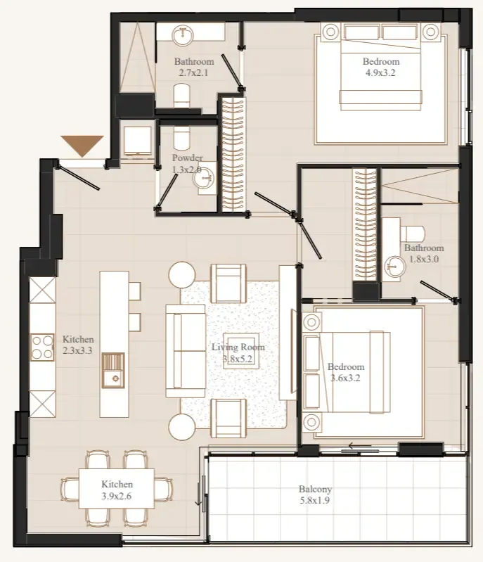 Flamingo LUX 2 bed floor plan, 1,180 sqft