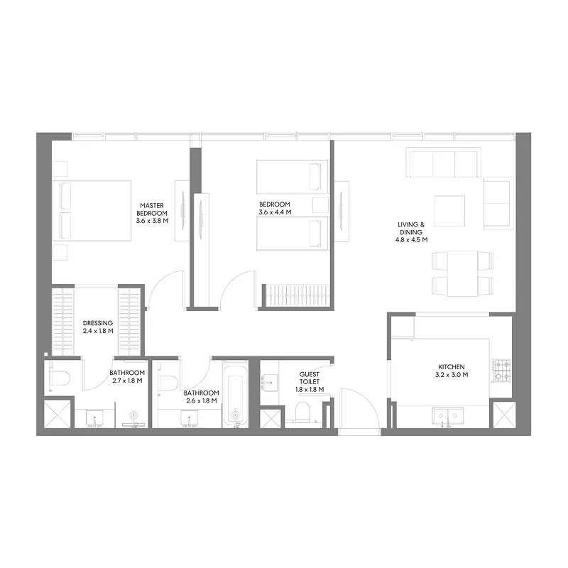 The Gate 5 2 bed floor plan, 1,071 sqft