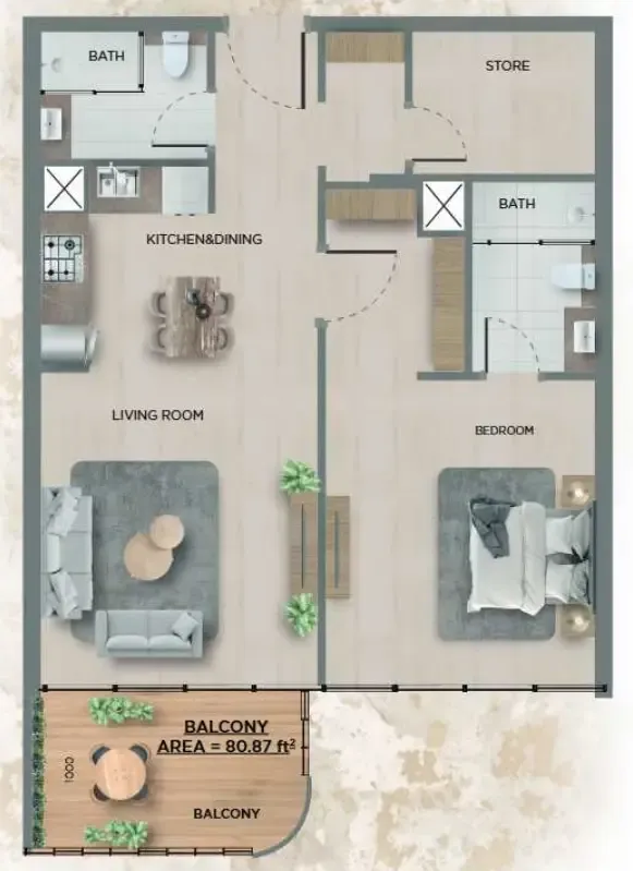 368 Park Ln. 1 bed floor plan, 751 sqft