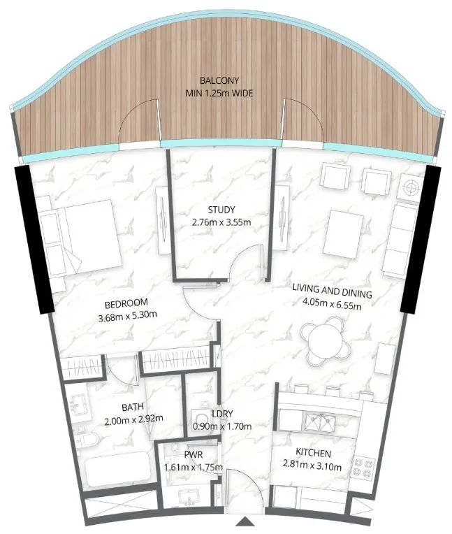 Aqua Arc 1 bed floor plan, 1,306 sqft