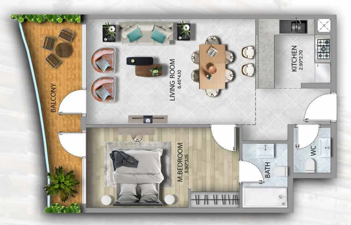 311 Boulevard 1 bed floor plan, 833 sqft