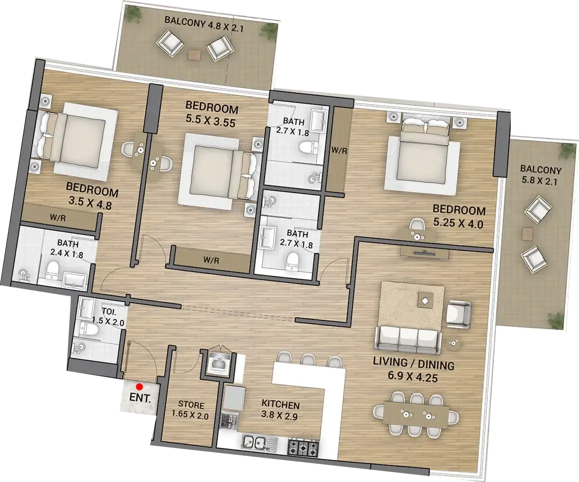 Ocean Tower 3 bed floor plan, 1,899 sqft