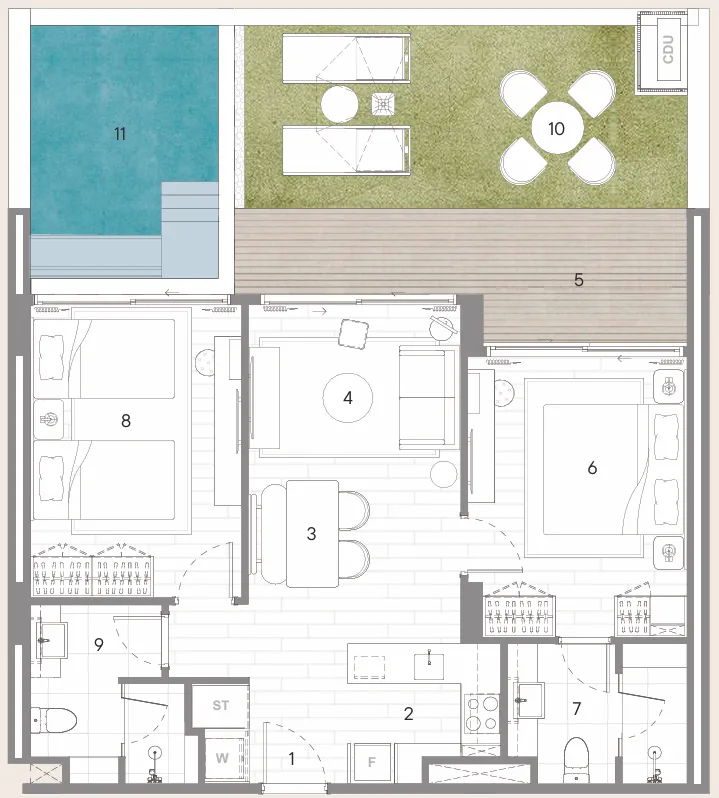 Sudara 2 bed floor plan, 1,259 sqft