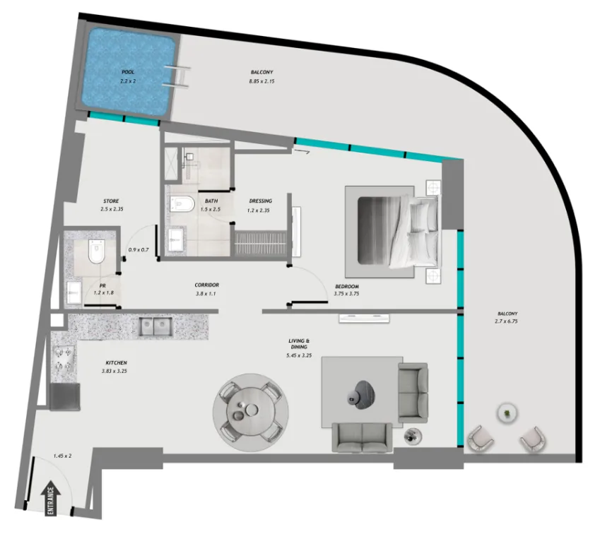 Samana Resorts 1 bed floor plan, 1,200 sqft