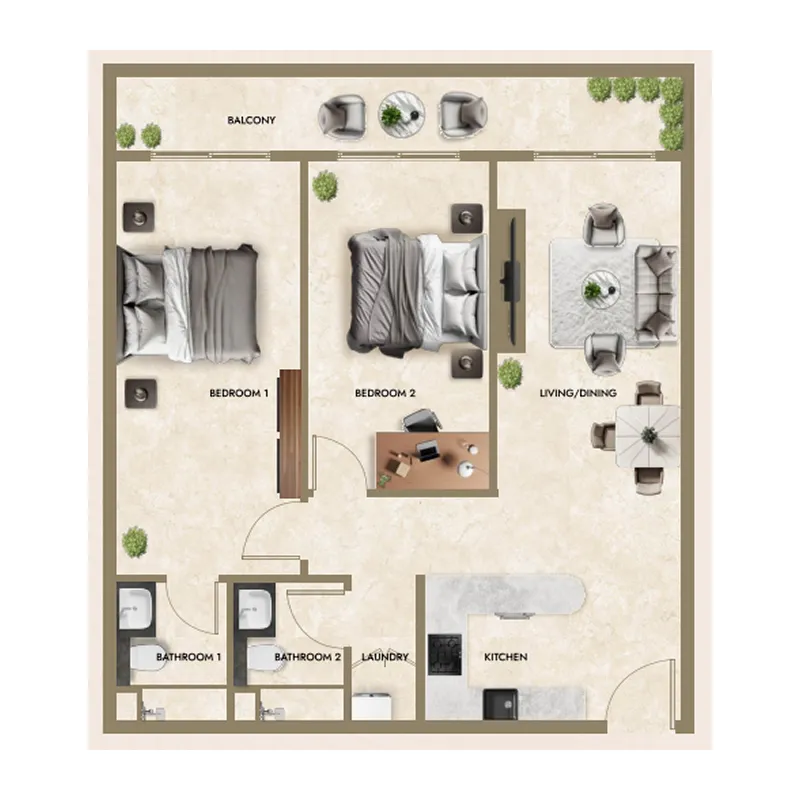 Greenfield Living 2 bed floor plan, 1,057 – 1,116 sqft