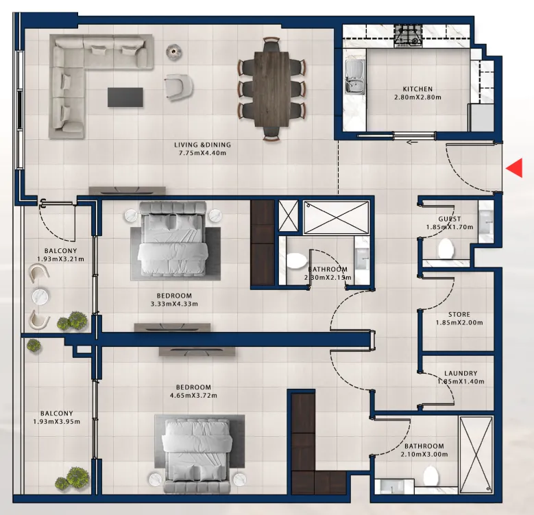 Asayel Avenue 2 bed floor plan, 1,520 sqft