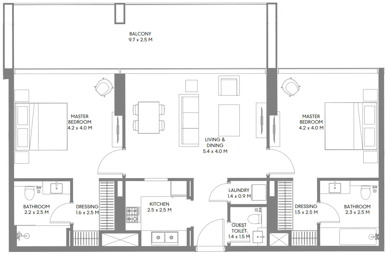 Safa Parkview 2 bed floor plan, 1,242 sqft