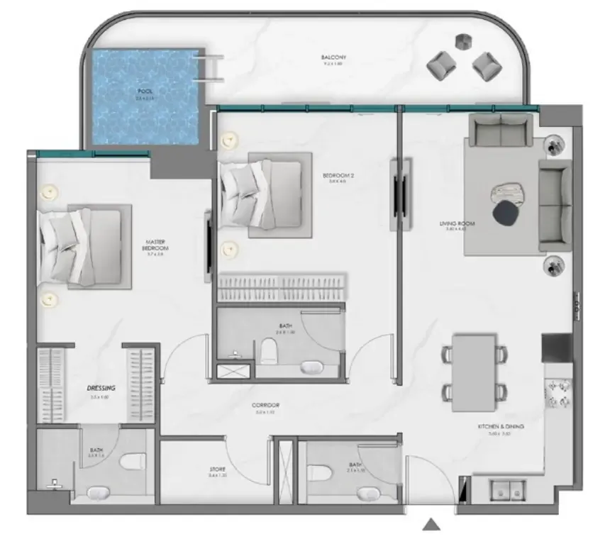 Samana Ocean Bay 2 bed floor plan, 1,213 sqft