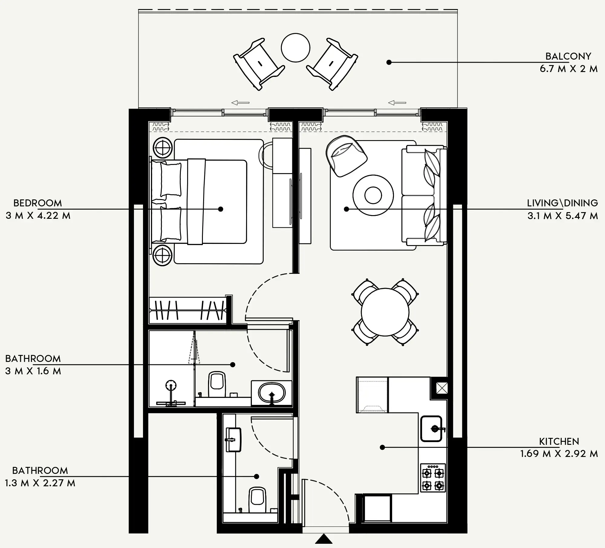 Azizi Venice 1 bed floor plan, 695 sqft