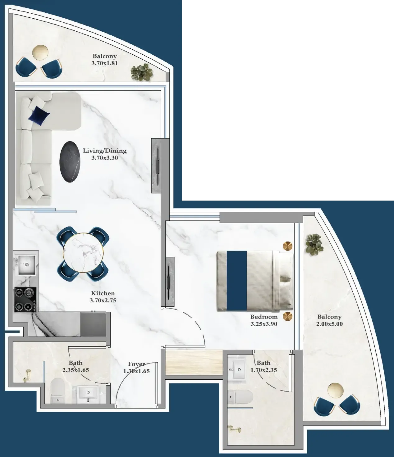 Serenz 1 bed floor plan, 596 sqft