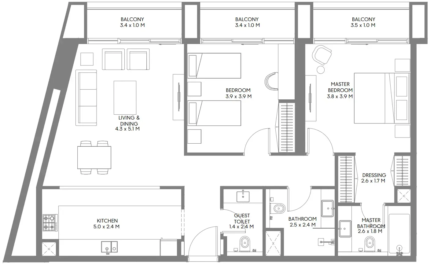 Jenna 1 2 bed floor plan, 1,305 sqft