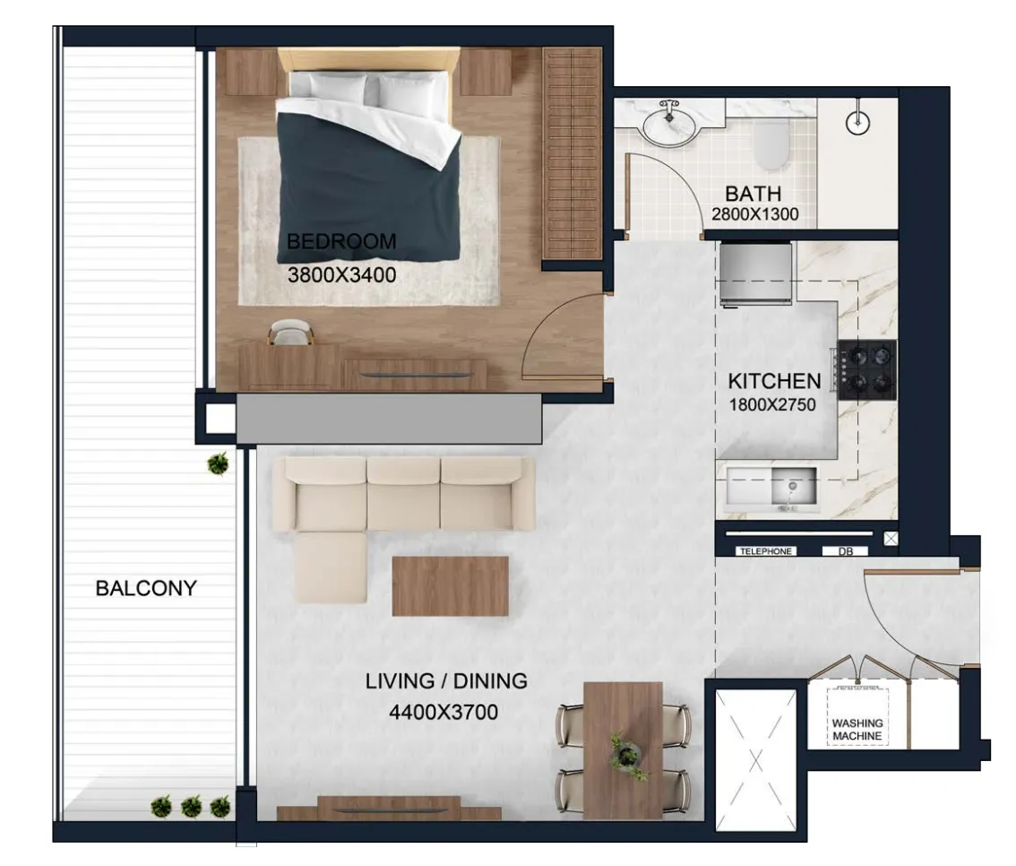 Alfal Residence 1 bed floor plan, 680 sqft