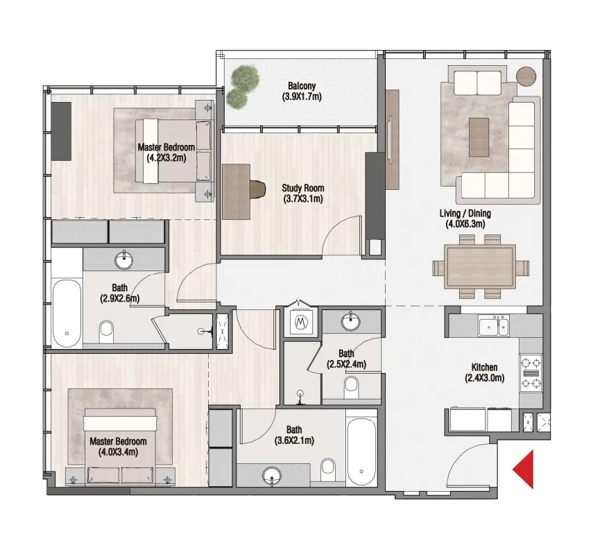 South Living 2 bed floor plan, 1,466 sqft