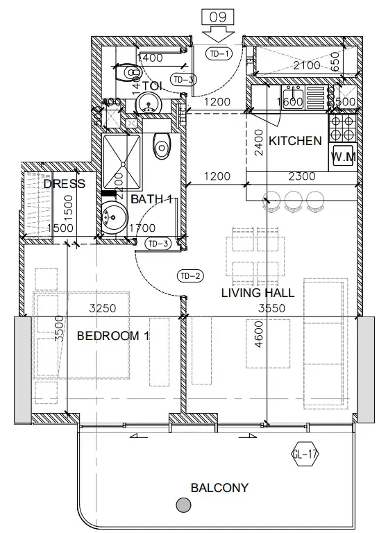 Oak Yard 1 bed floor plan, 663 sqft