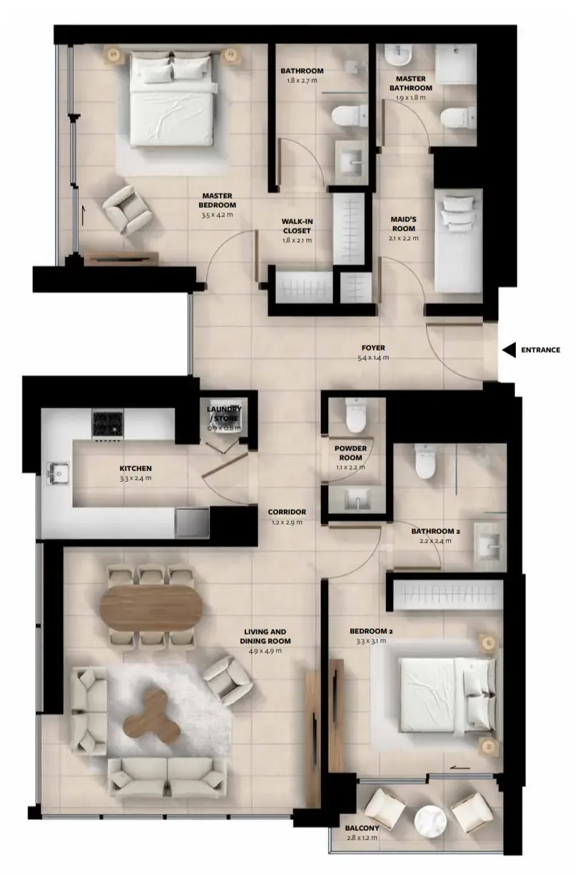 Waada Dubai South 2 bed floor plan, 1,289 sqft
